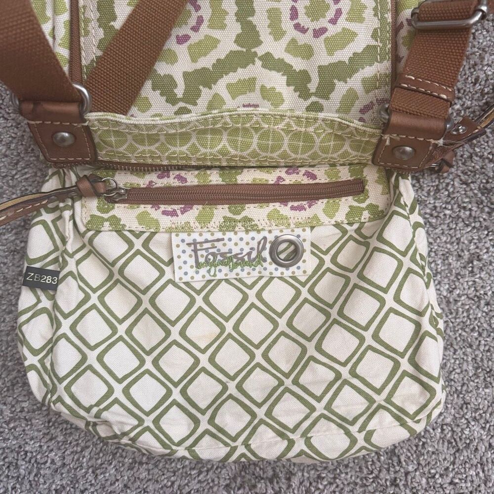 Fossil Y2K Canvas Key-Per Crossbody Bag Green Geometric Adjustable Shoulder EUC - Picture 10 of 15
